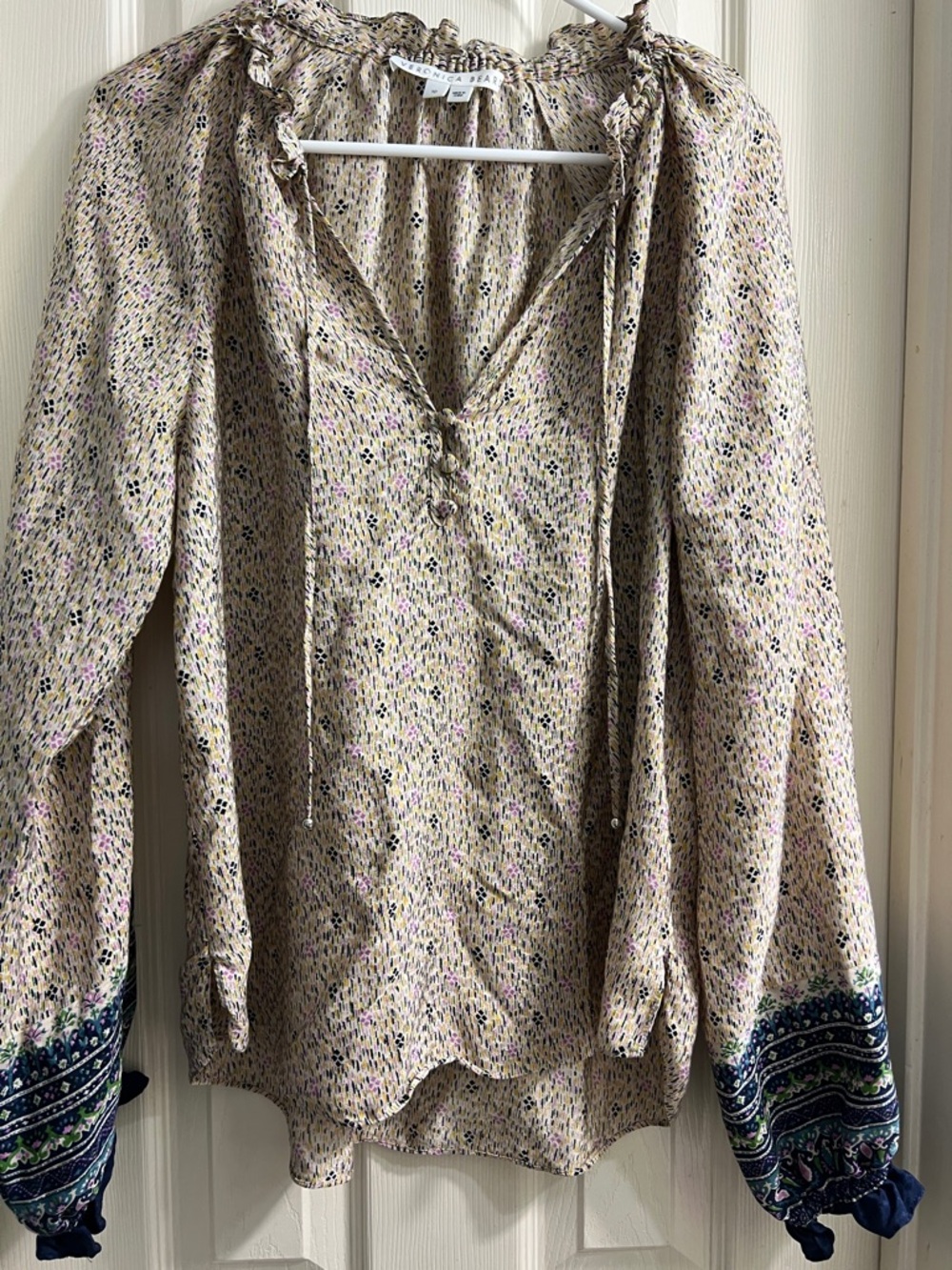 Veronica Beard Cream Ditsy Print Peasant Blouse with Navy Border Cuffs